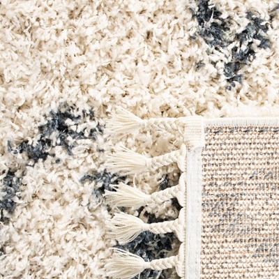 Cream and Blue Geometric Shag Area Rug 5' x 8'