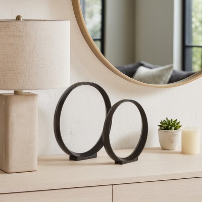 Sagebrook Home Set of 2 Metal Ring Sculptures - Modern Abstract Black Aluminum 12" and 14" Circular Sculpture Decor For Home or Office