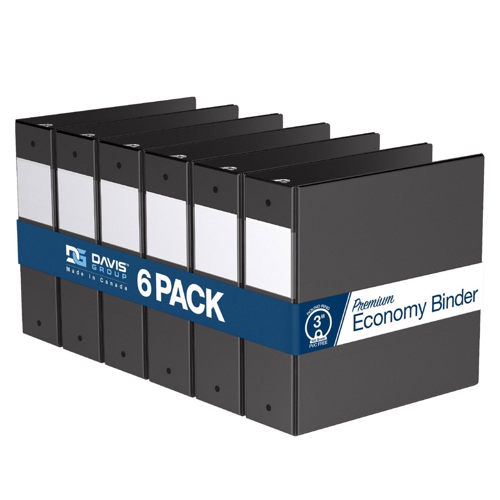 Premium Economy 3" Round Ring Binder 6pk Black: Davis Group, Hard Cover, 600 Sheet Capacity, 2 Pockets, Polypropylene