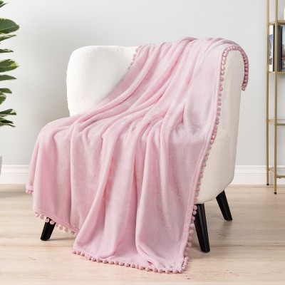 Light Pink Fleece Throw Blanket with Pom Pom Fringe