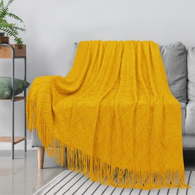 Mustard Yellow Knitted Fleece Reversible Throw Blanket