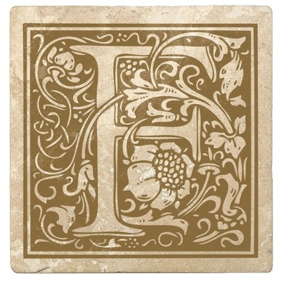Christmas by Krebs Set of 4 Ivory and Harvest Gold Alphabet "F" Square Monogram Coasters 4"