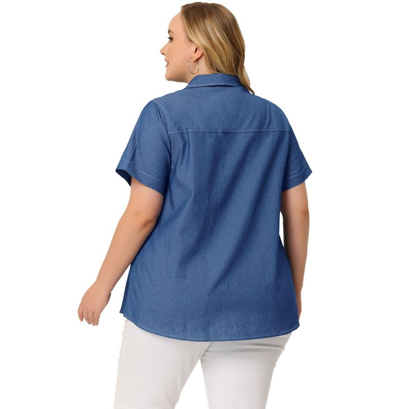 Agnes Orinda Women's Plus Size Chambray Work Short Sleeve Full Placket Button Down Shirts, 4 of 7