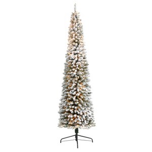 9ft. Flocked Pencil Artificial Christmas Tree with 600 Clear Lights and 896 Branches – Sleek Snowy Holiday X-Mas Tree - 1 of 4