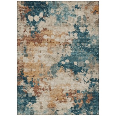 Beige And Teal Blue Abstract Washable Indoor Outdoor Area Rug