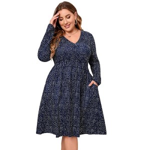 Women's Plus Size V Neck A-Line Knee Length Wrap Swing Dresses Casual Loose Party Mini Dress with Pockets - 1 of 1