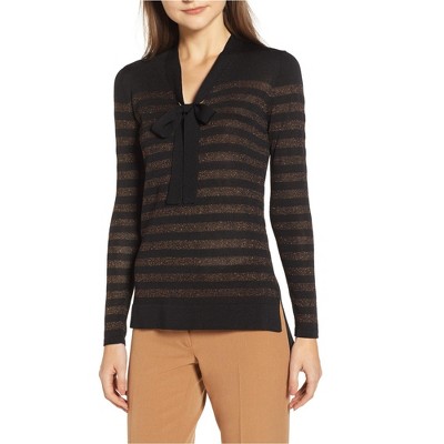Anne Klein Womens Metallic Stripe Pullover Sweater