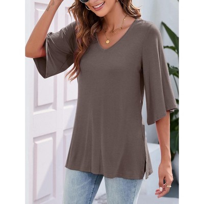 Chiffon Blouses for Women Ruffle 3/4 Sleeve Dressy V Neck Casual Flowy Tunic Tops