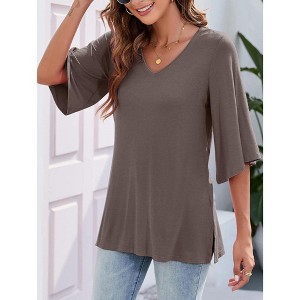 Chiffon Blouses for Women Ruffle 3/4 Sleeve Dressy V Neck Casual Flowy Tunic Tops - 1 of 4