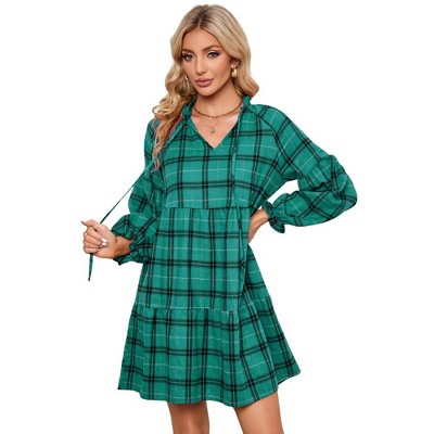 Womens Plaid Dress V Neck Long Sleeve Front Tie Midi Dress with Lantern Sleeve Ruffle Hem Tiered Dresses Casual Tartan Dress