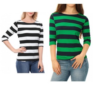 Allegra K Women's Casual Basic Elbow Sleeves Boat Neck Slim Fit T-Shirts 2 Packs - 1 of 4