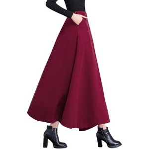 Women's Wool A-Line Maxi Skirt - Fall Winter Swing Pleated Long Skater Skirt Pocket-wine - 1 of 4