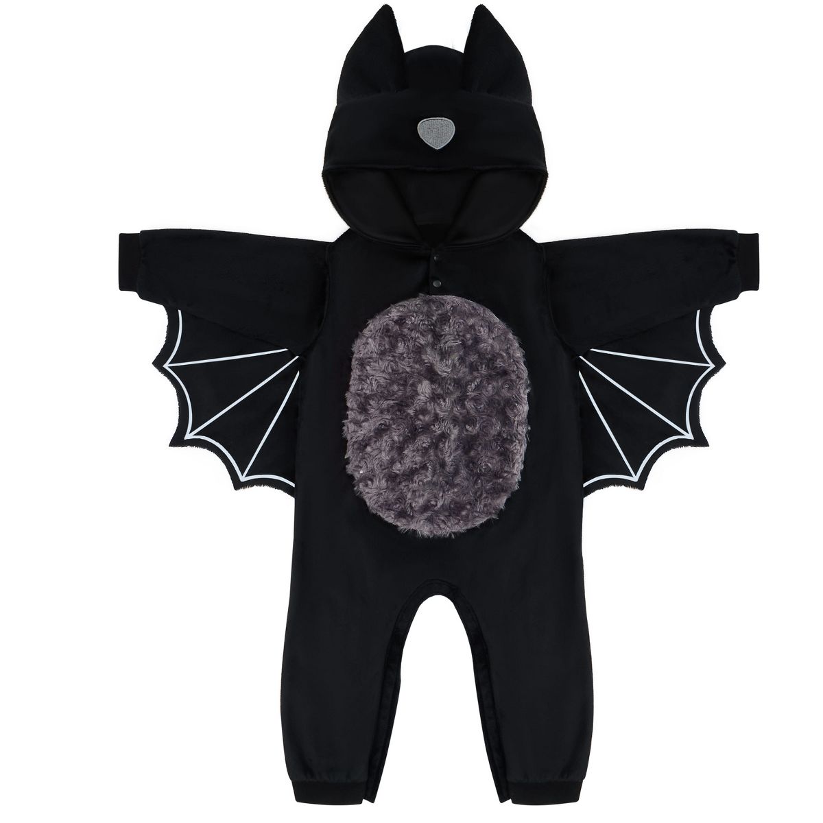 Joyfy Baby Black Bat Halloween Costume, Toddler Hooded Jumpsuit with Wings & Furry Tummy Pajamas for Halloween Dress Up Parties - thumbnail 4