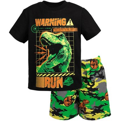 Jurassic World Dinosaur T-Rex Big Boys Graphic T-Shirt French Terry Shorts  Outfit Set Camo Black / Green 10-12