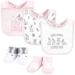 Hudson Baby Infant Girl Cotton Bib and Sock Set, Some Bunny, 0-9 Months - 1 of 4