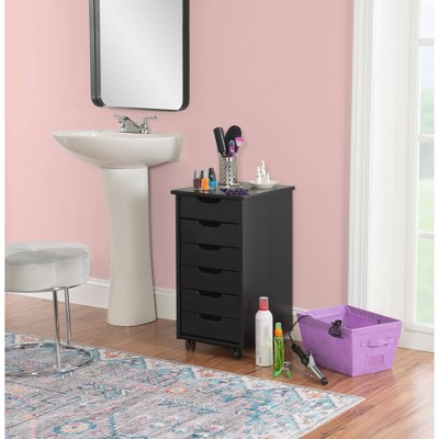 Cary Black Pine Wood Six Drawer Rolling Storage Cart