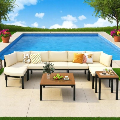6-Piece Outdoor Patio Sectional Sofa Set with WPC Coffee Table, Side Table, Water-Resistant Cushions,outdoor Conversation Set -Beige