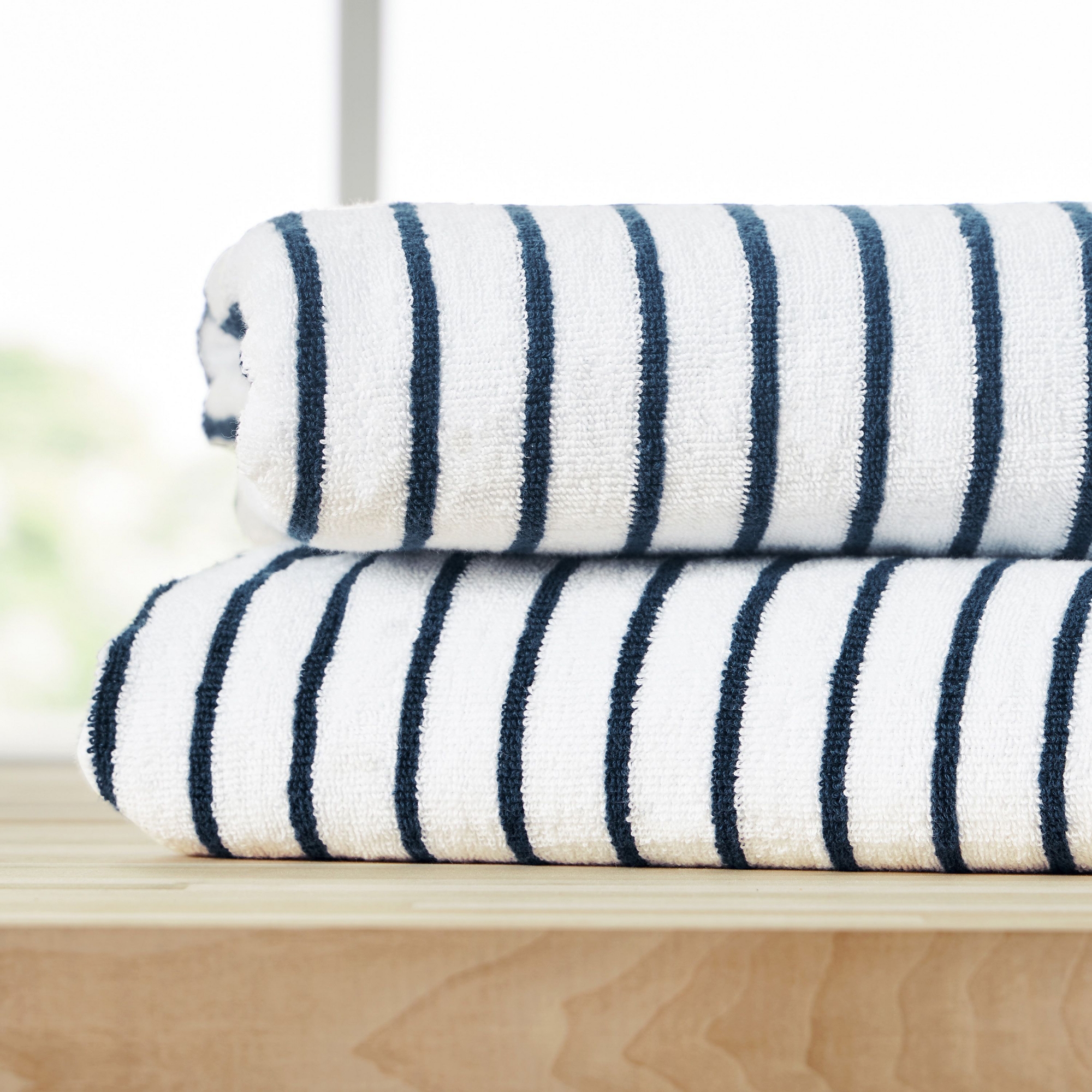 Cabana Stripe 100% Cotton Pool and Beach Towels - Oversized, Absorbent, Quick-Dry Towels - Becky Cameron, Navy, Pack of 2