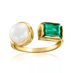 Ross-Simons 8-8.5mm Cultured Pearl and 1.90 Carat Emerald Toi Et Moi Ring in 18kt Gold Over Sterling - 1 of 4