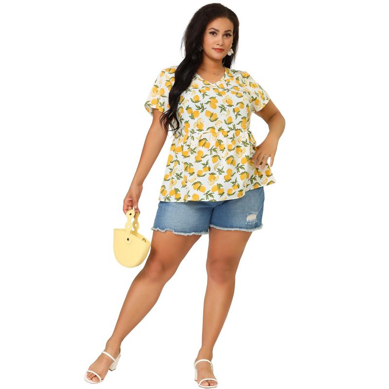 Agnes Orinda Women's Plus Size Casual V Neck Lemon Floral Summer Beach Peplum Blouses, 3 of 7