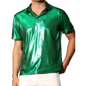 Lars Amadeus Men's Short Sleeves Shiny Disco Nightclub Party Golf Metallic Polo Shirt - 1 of 4