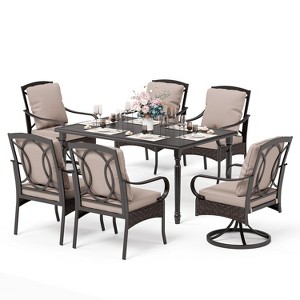 Captiva Designs 7pc Patio Dining Set with Slat-top Rectangle Table & Rattan Metal Fixed Chairs & Swivel Arm Chairs - 1 of 4
