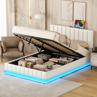 Lift Up Storage Bed Frame with Charging Station & Led Lights, Upholstered Platform Bed with Headboard, Hydraulic Lift System