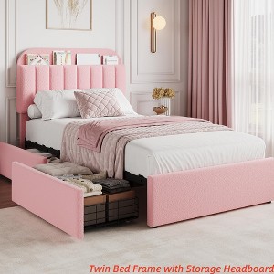 Twin/FULL/Queen/Twin XL Size Kids'Bed Frame with 2 Flexible Drawers, Boucle Upholstered Platform Bed Frame w/ Bookcase Headboard, Bedframe - 1 of 4