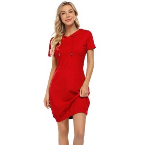 Women's Casual Short Sleeve Solid Color Pullover Hooded Tunic Dress with Kangaroo Pocket - 1 of 4
