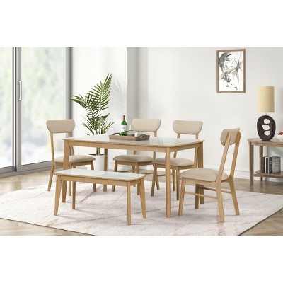 NicBex Dining Table Set for 6 Modern Kitchen Set with Stylish Table, Bench and 4 Chairs for Dining Room, High Gloss White Tabletop with Light Oak