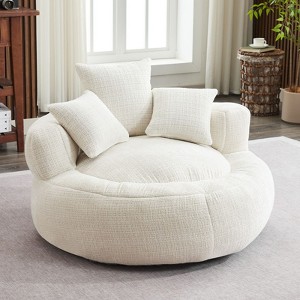 Efomao Round Ultra Soft Chenille Foam Bean Bag Chair - Oversized Comfy with Armrests & 3 Pillows - for Adults/Teens (White) - 1 of 4
