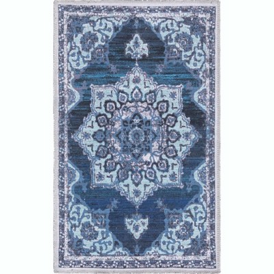 Navy Blue Medallion Washable Synthetic Area Rug