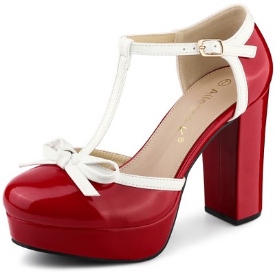 Allegra K Women's Platform Bow T-strap Chunky Heels Pumps Red 10 : Target