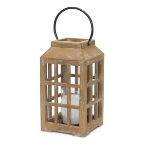 Melrose Natural Wood Lantern with Glass Hurricane - 1 of 3