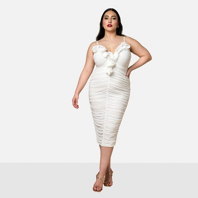 Rebdolls Women's Orchid Mesh 3D Flower Midi Bodycon Dress