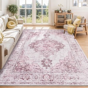 Washable Neutral Rugs - Soft Vintage Low Pile, Boho Farmhouse Carpet for Living Room, Bedroom & Dining Room - Non-Slip Indoor - 1 of 4