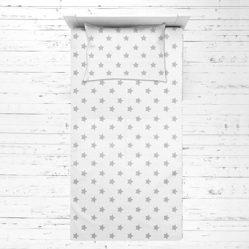 Bacati - Stars Gray Muslin 3 pc Toddler Bed Sheet Set 100 percent cotton, 3 of 7
