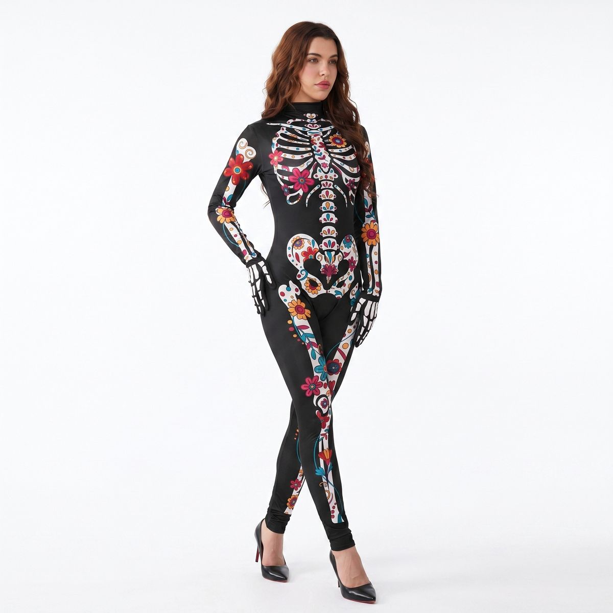 Joyfy Women Halloween Floral Skeleton Jumpsuit Costume, Halloween Party Skeleton Jumpsuit for Adults Women - thumbnail 2