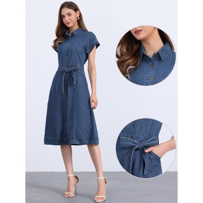 Женские платья INSPIRE CHIC Women's Denim Casual Button Down Short Sleeves Belted Midi Dress Large Dark Blue — фото 2