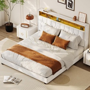 Whizmax Upholstered Bed Frame with Headboard, Platform Bed with Charging Station, Bookcase, Lights, No Box Spring Needed, Quiet, Easy Assembly - 1 of 4