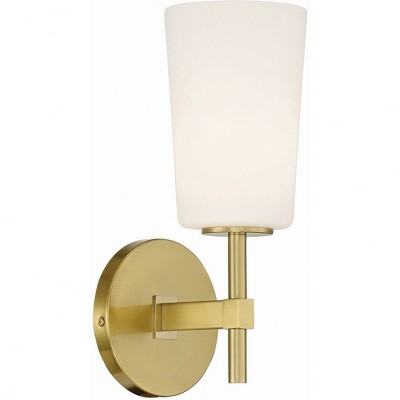 Aged Brass Vanity Sconce with White Glass Shade