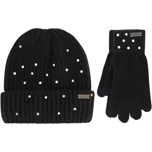 Nicole Miller Women Rhinestone Winter Beanie Hats Soft Warm Gloves Set