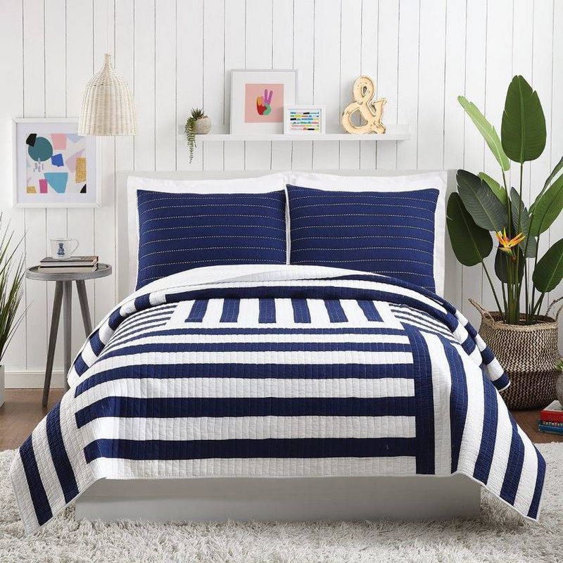 3pc King Block Stripe Quilt &#38; Sham Set Blue - Ampersand for Makers Collective, 3 of 7