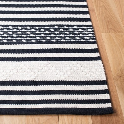 Black and Ivory Striped Wool Cotton Square Rug