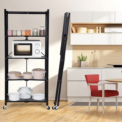 4-Tier Heavy Duty Foldable Metal Rack Storage Shelving Unit with Wheels Moving27.95 x 14.96 x 49.61 （Black）