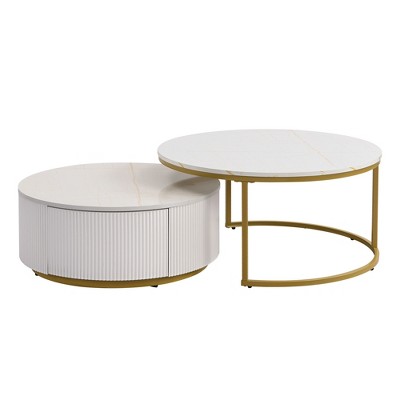 Dexmalle Modern Round Nesting Coffee Table Fluted with Drawer