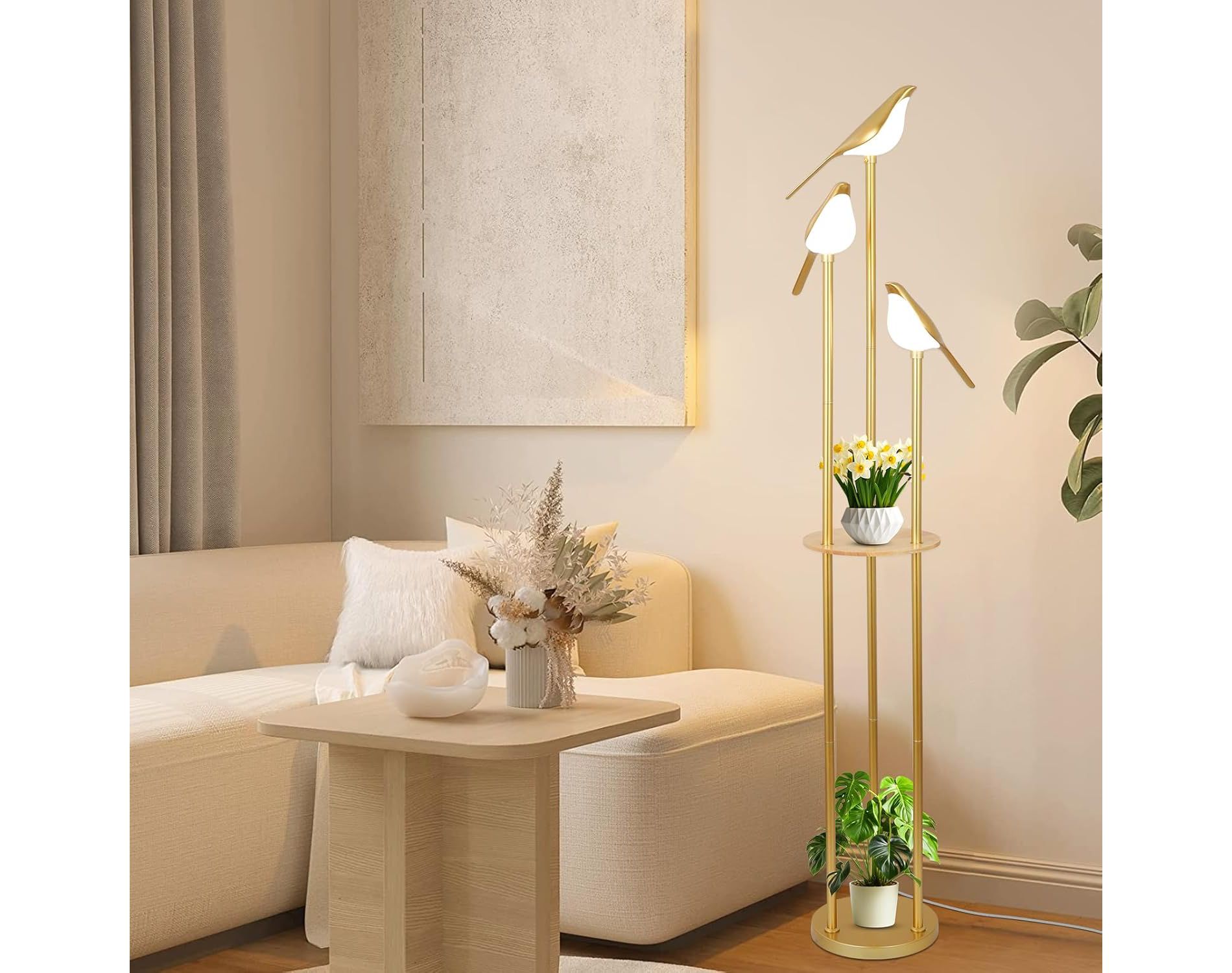 GDFStudio Esteban Modern Metal and Wood Floor Lamps with 3 Adjustable LED Bird Lights and Shelves, Gold