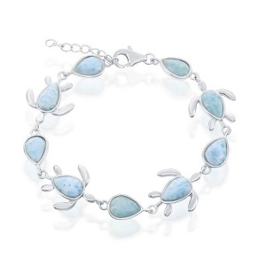 Caribbean Treasures Sterling Silver Alternating Larimar Turtle and Pear-Shaped Bracelet - Blue 7+1 Inch - 1 of 2