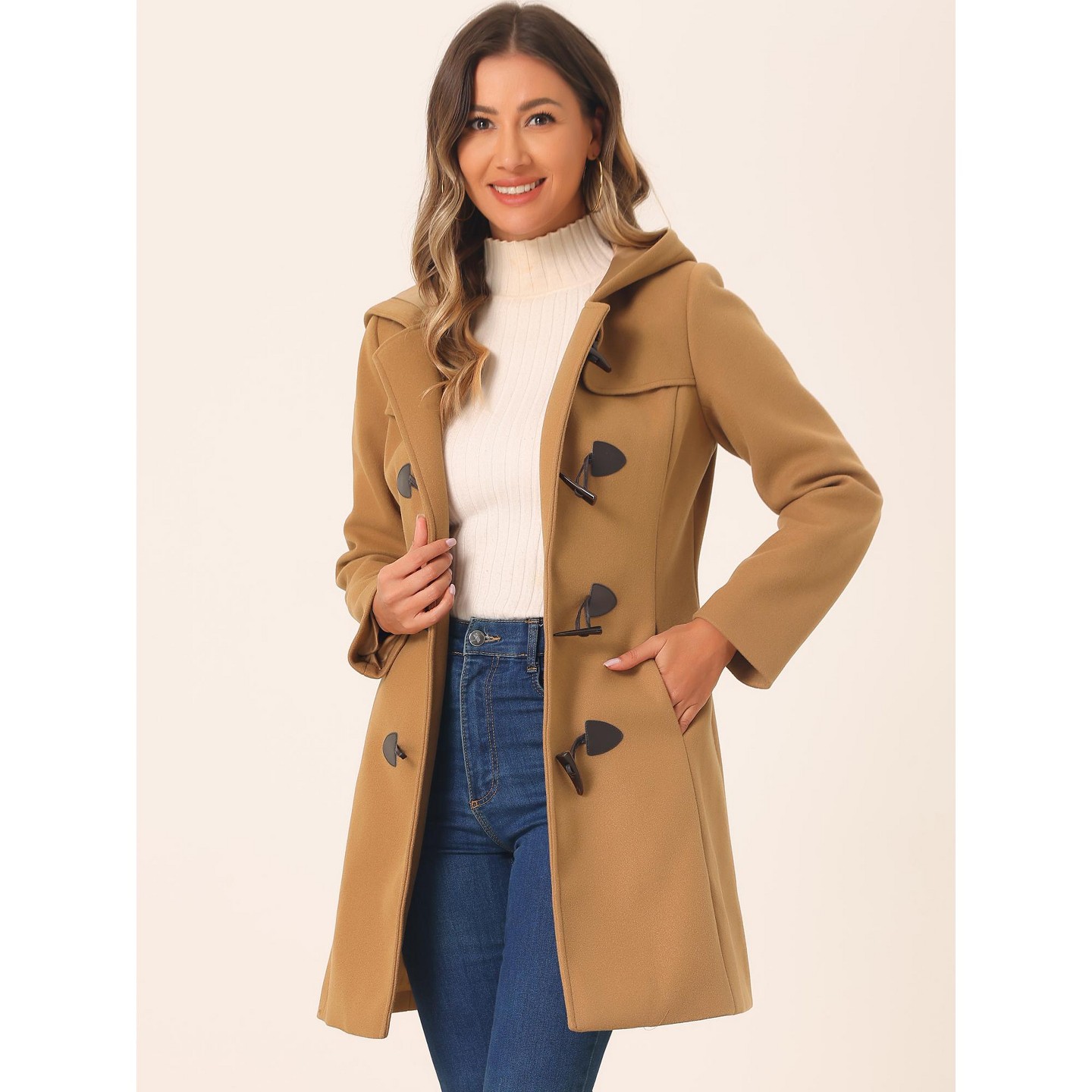 Женские куртки INSPIRE CHIC Hooded Toggle Button Long Sleeve Winter Duffle Coats Medium Camel — фото 2