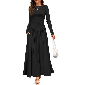 Women's Round Neck Ruched Pocket Slim - Fit Long - Sleeve Knit Maxi Dress, Elegant and Comfortable Dress for Multiple Occasions - 1 of 4
